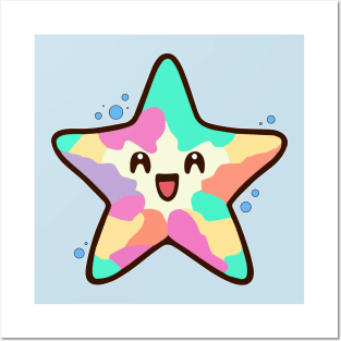 Happy smiling baby starfish with bubbles. Kawaii cartoon Posters and Art